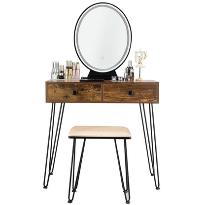 Industrial Makeup Vanity Table with LED Mirror & Stool
