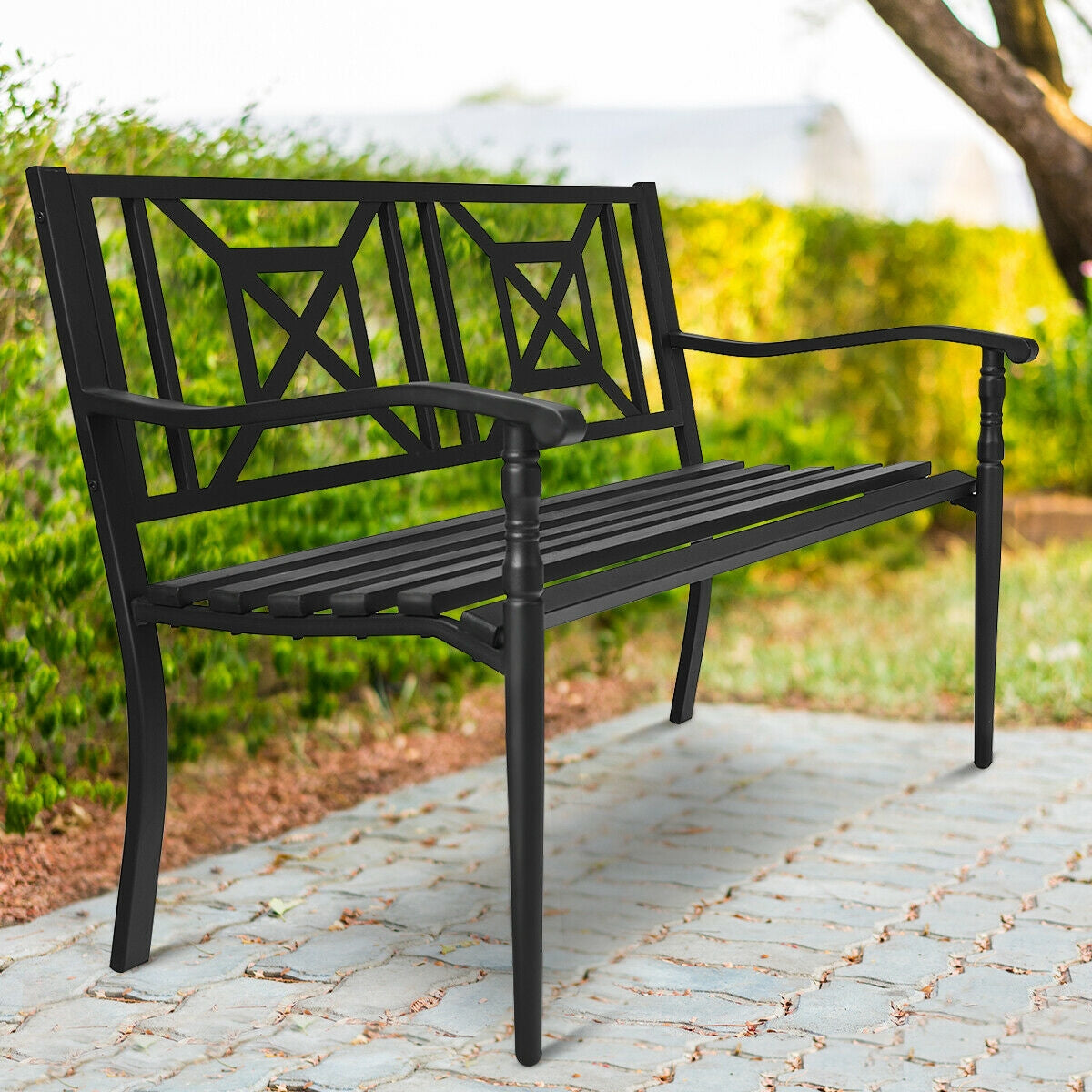Steel Patio Garden Bench with Armrests - 500 lb Capacity
