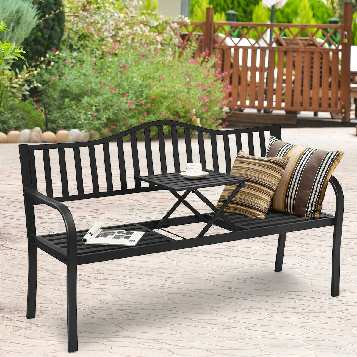 Outdoor Garden Bench with Adjustable Center Table - Steel Frame