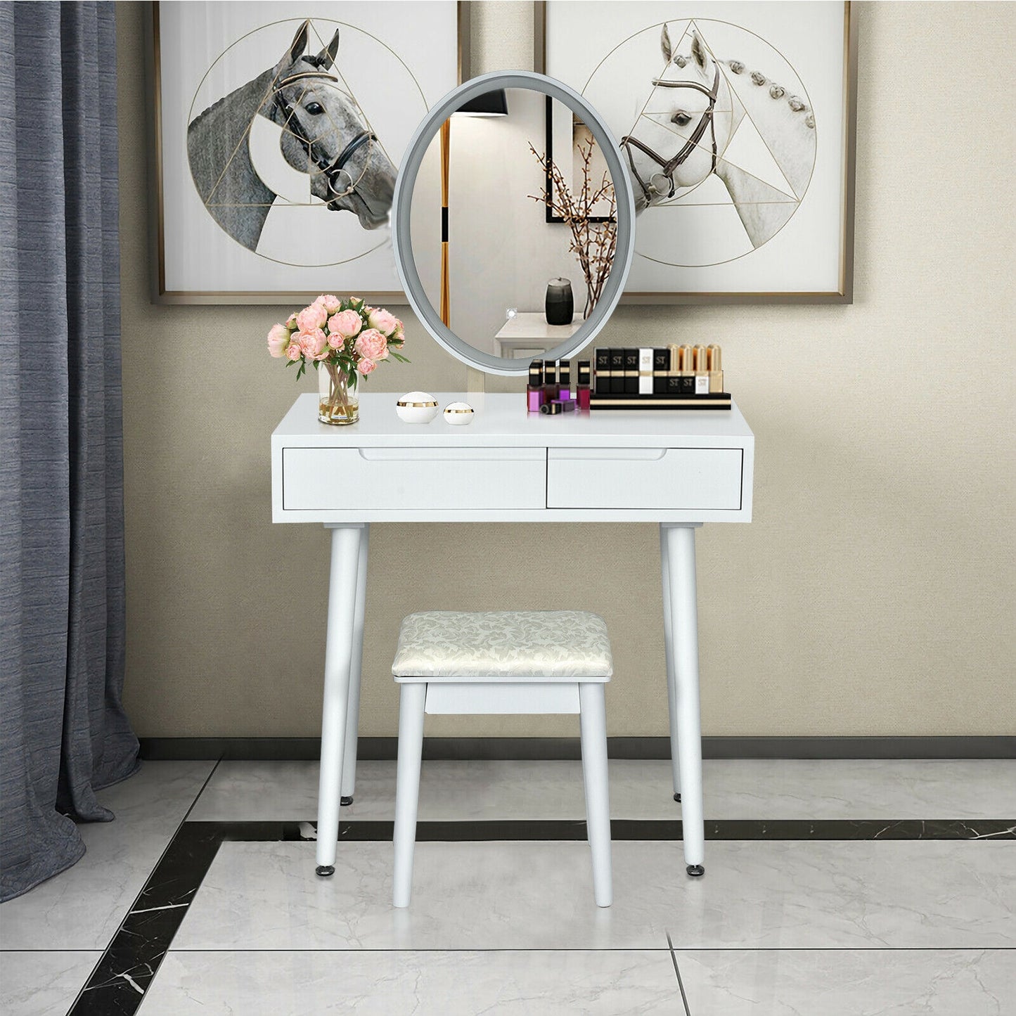 Vanity Makeup Table with Lighted Mirror and Stool Set