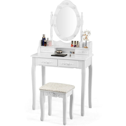 Makeup Vanity Table Set with Dimmable Bulbs & Cushioned Stool