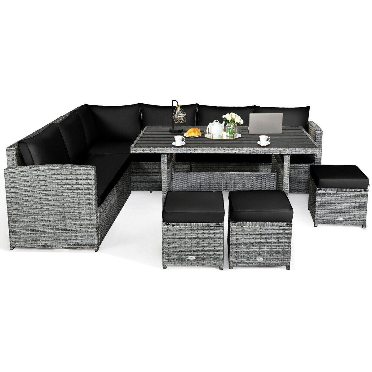 7 Pieces Patio Rattan Dining Furniture Sectional Sofa Set with Wicker Ottoman