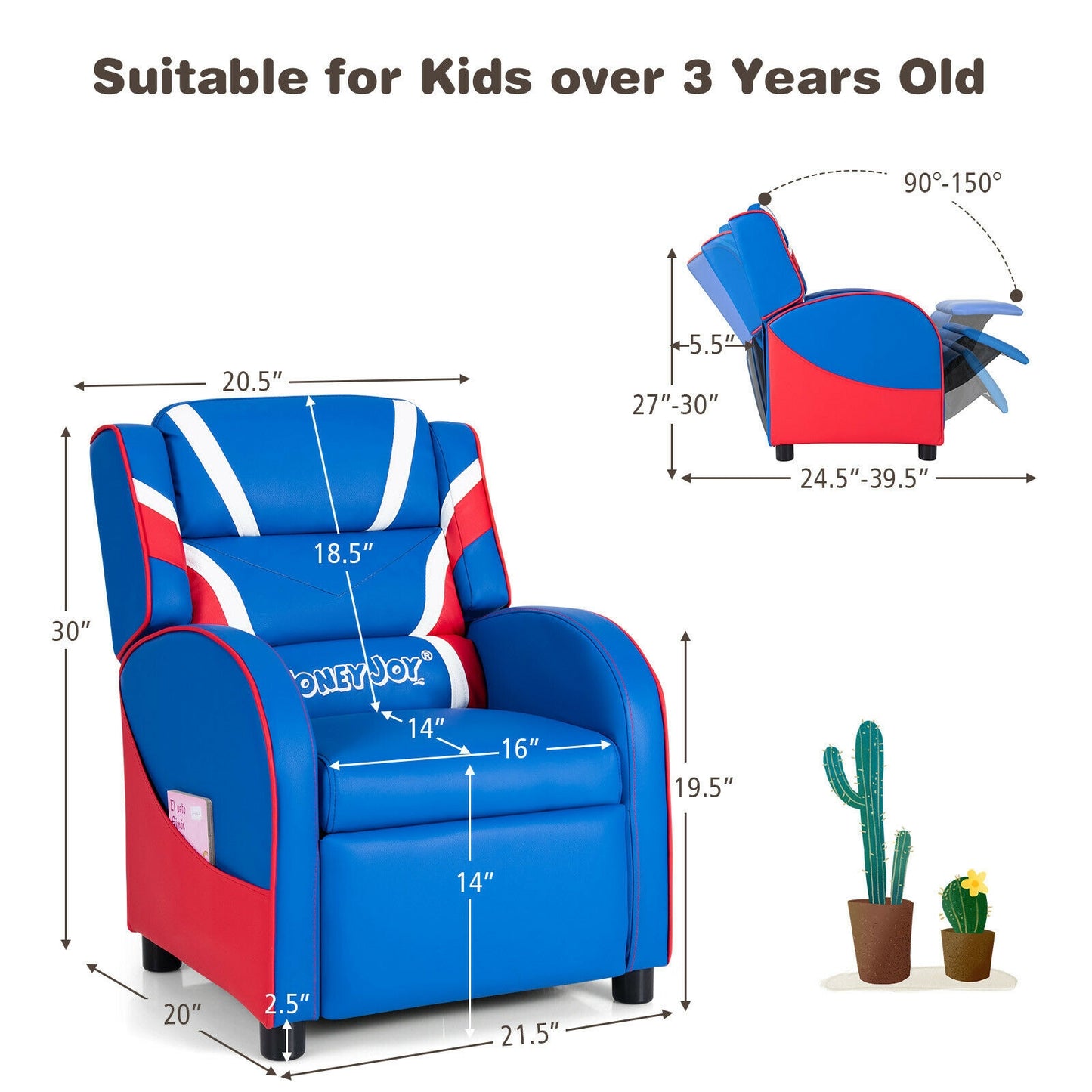Kids Recliner Chair with Side Pockets - Adjustable Leather