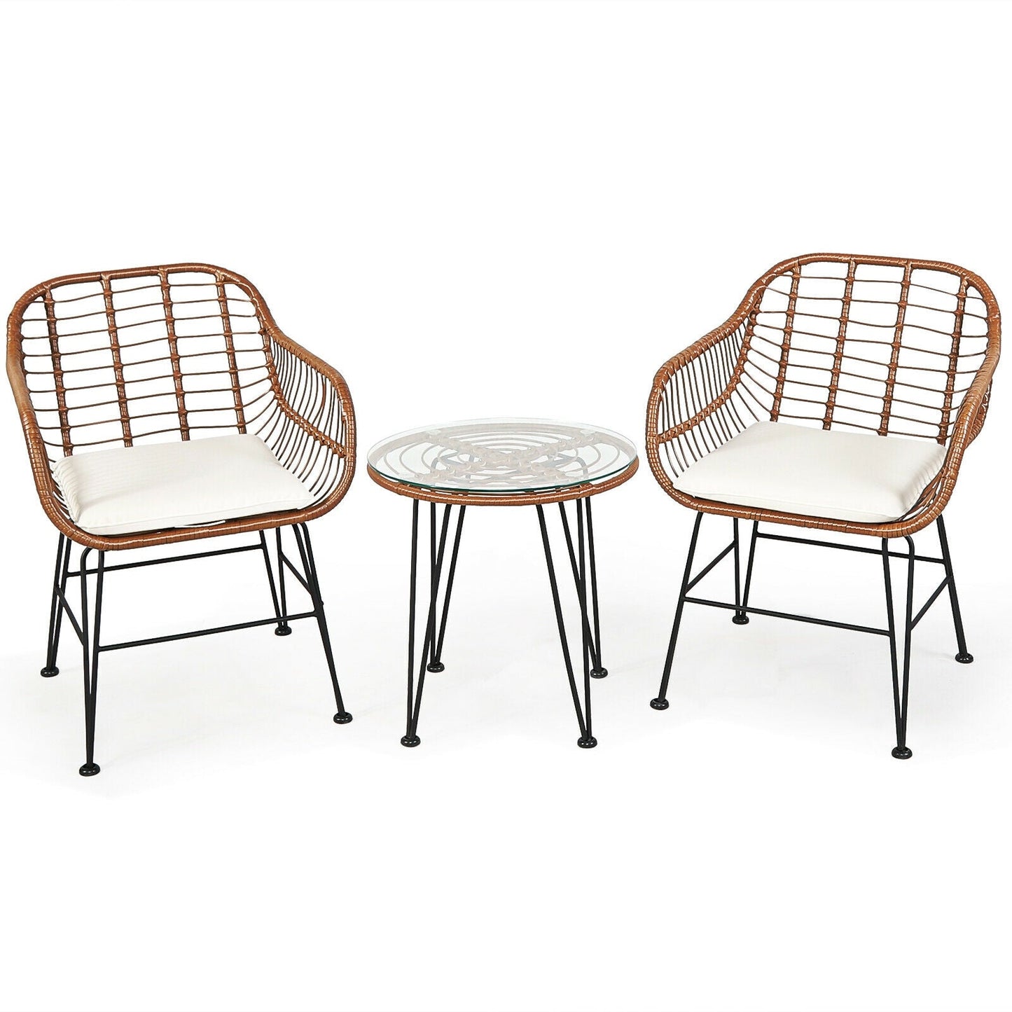 3-Piece Rattan Bistro Set with Cushions and Glass Table