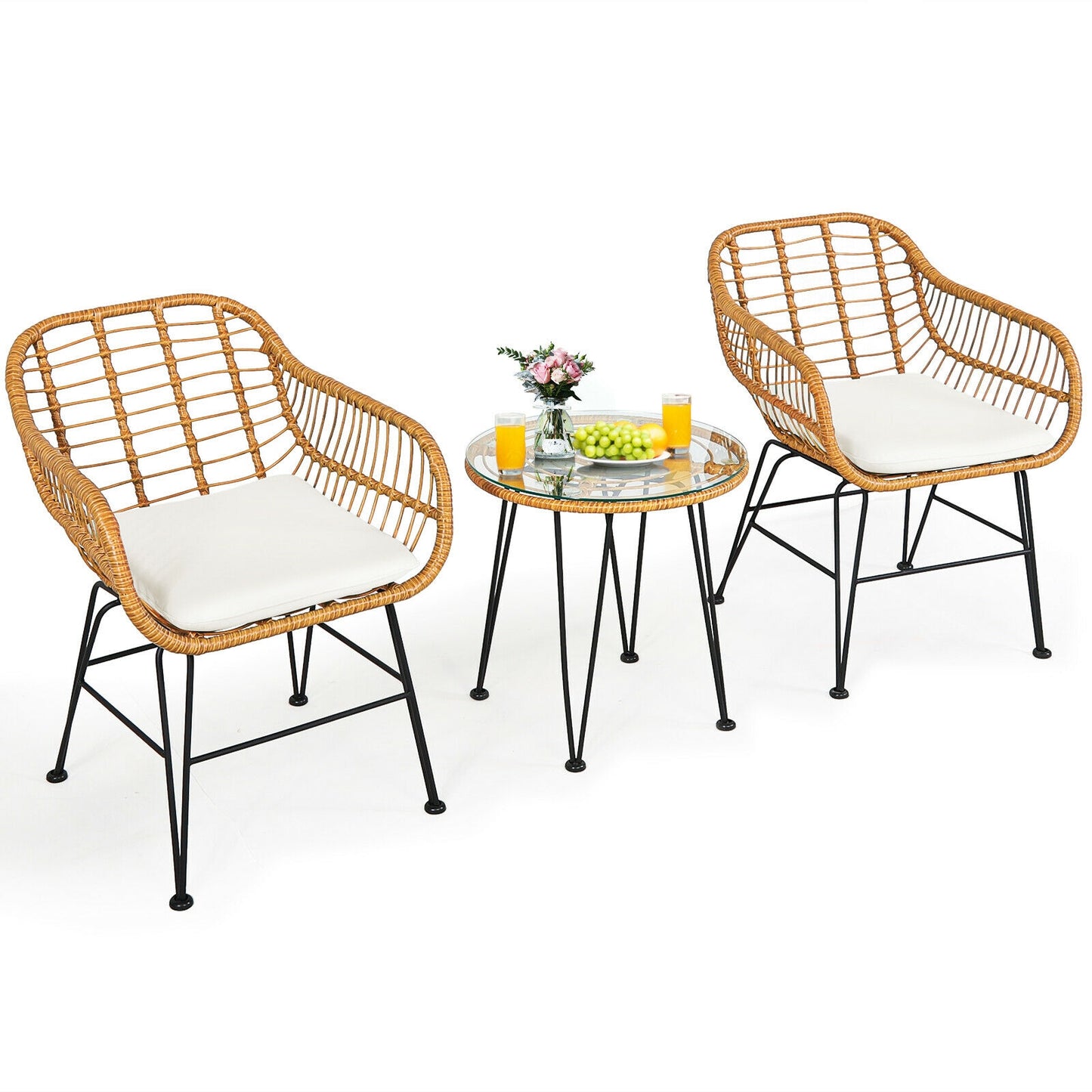3-Piece Rattan Patio Conversation Set with Cushioned Chairs