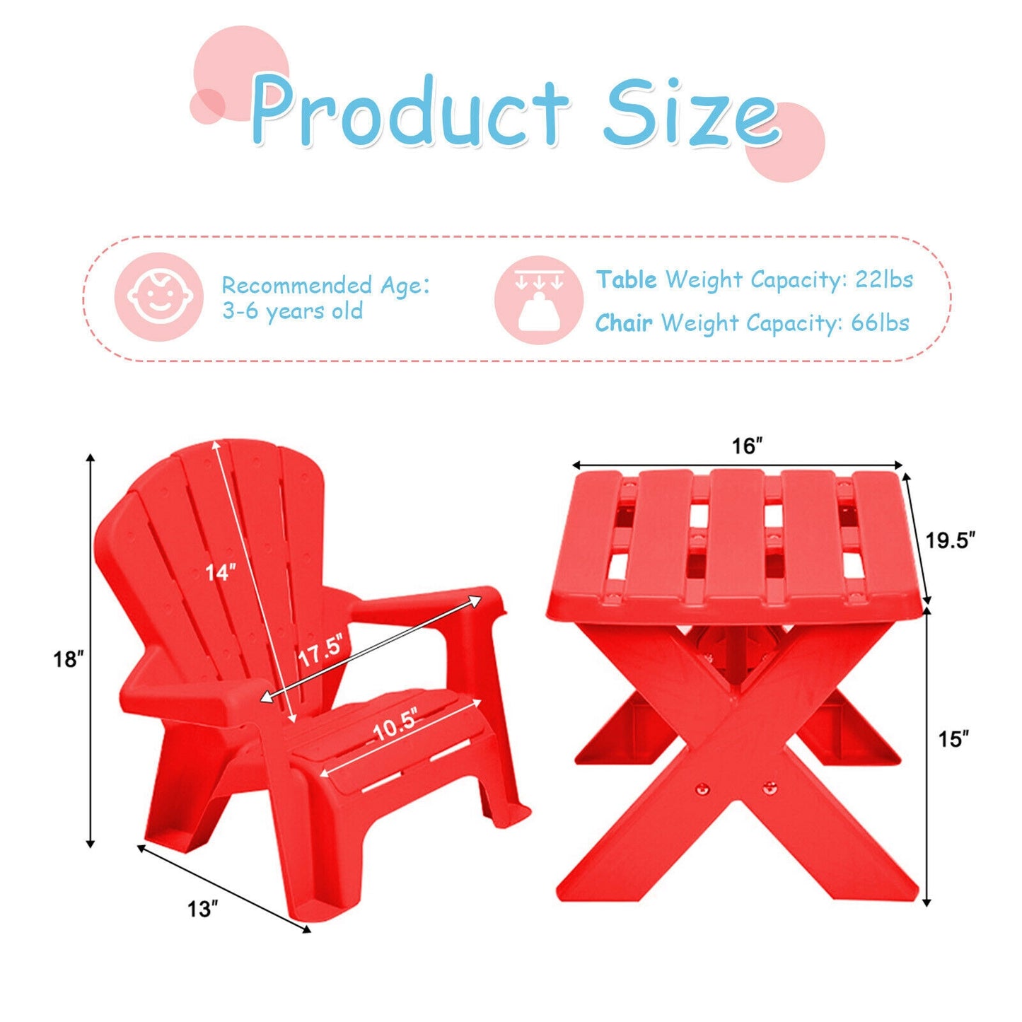 Kids Table and Chair Set - 3-Piece Plastic Play Furniture