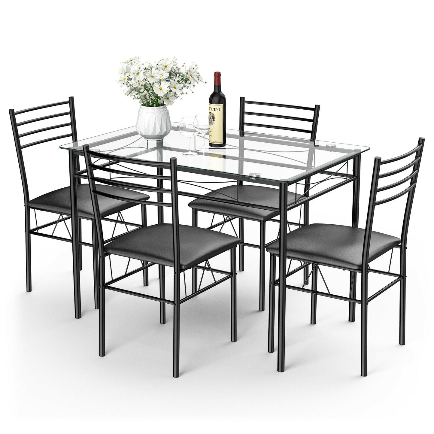 5-Piece Dining Set with Tempered Glass Table and Upholstered Chairs