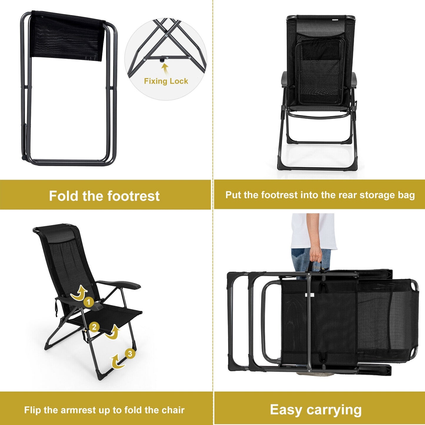 Adjustable Folding Patio Dining Chair with Ottoman Set (2-Pack)