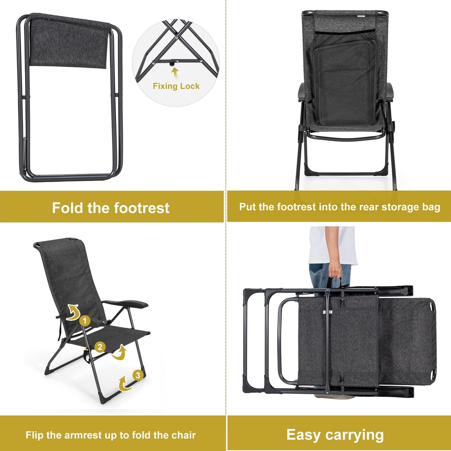 Adjustable Folding Patio Dining Chair with Ottoman Set (2-Pack)