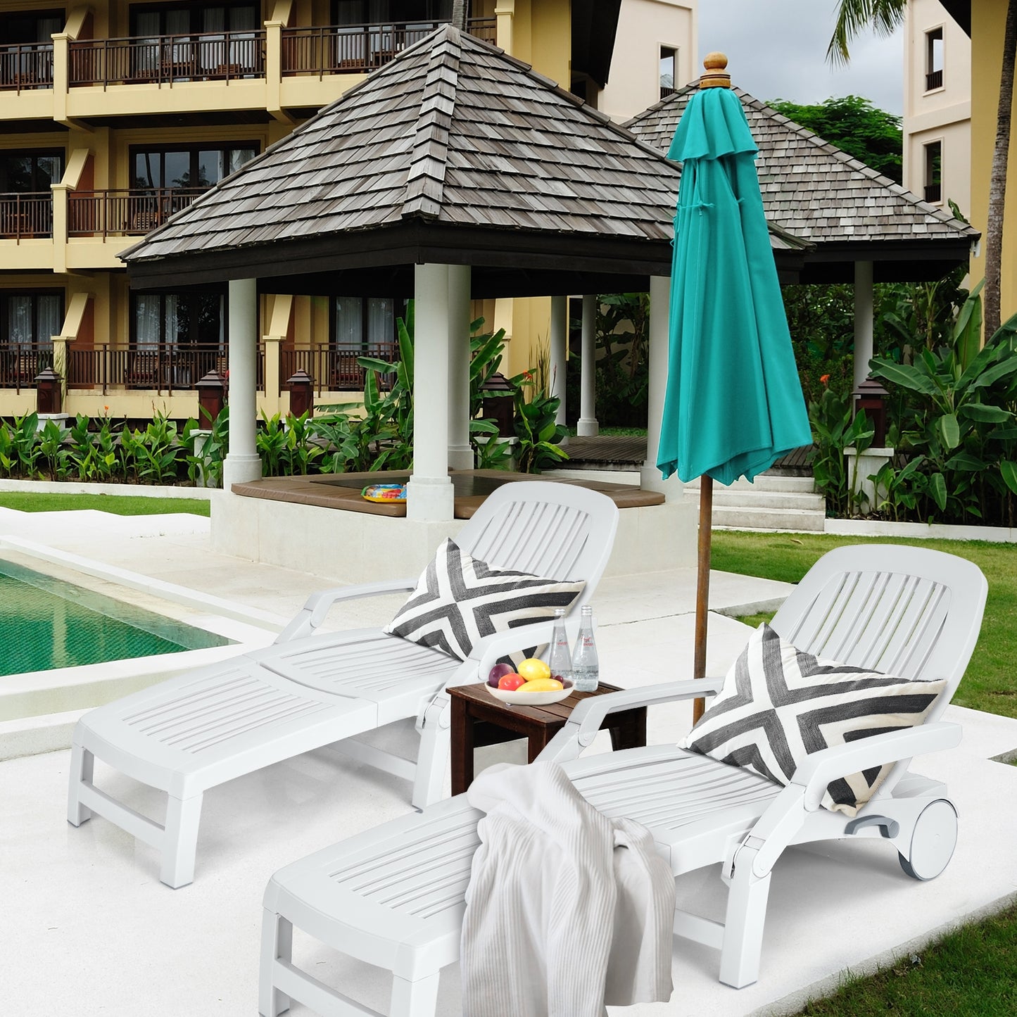 Adjustable Patio Sun Lounger with Wheels and Storage