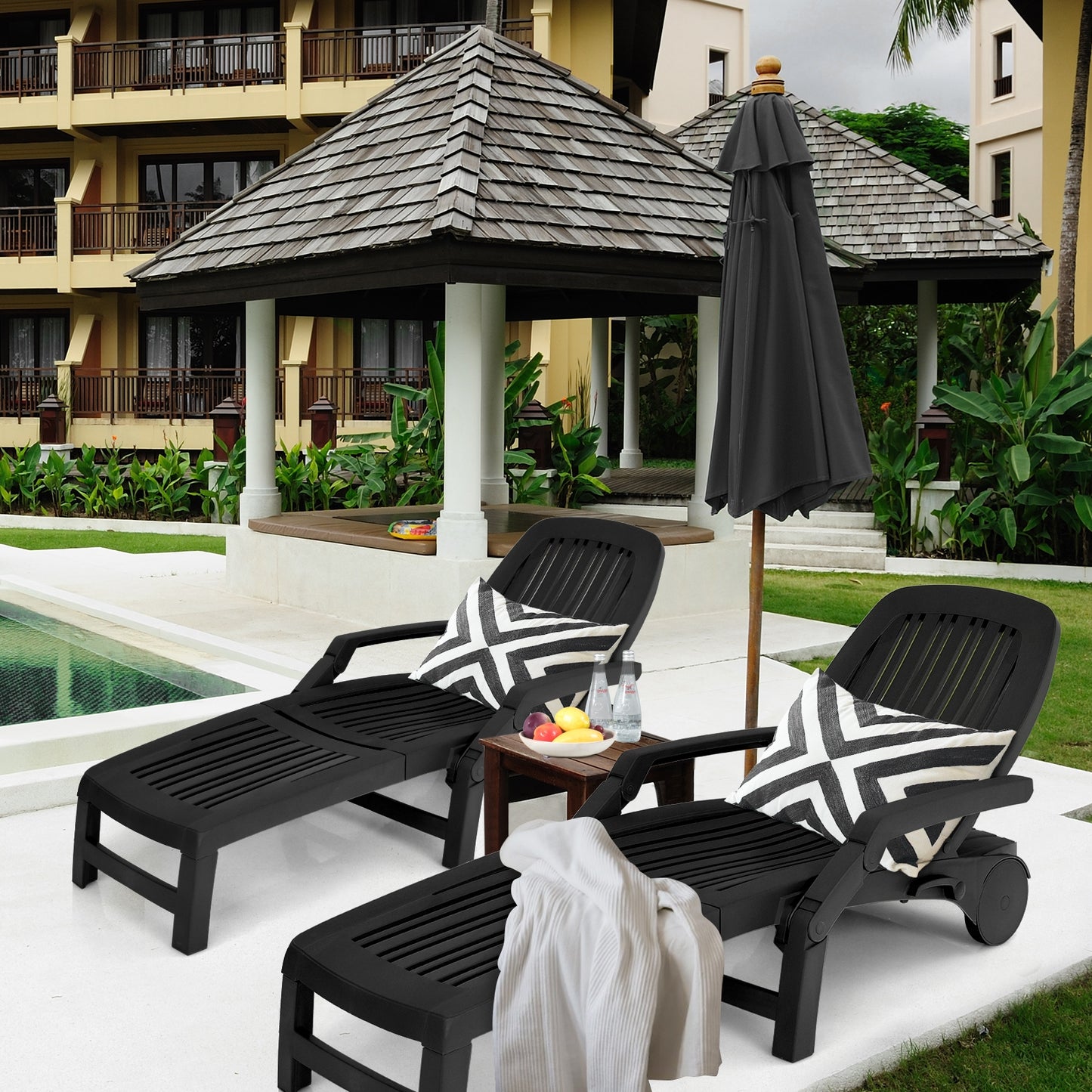 Adjustable Patio Sun Lounger with Wheels and Storage