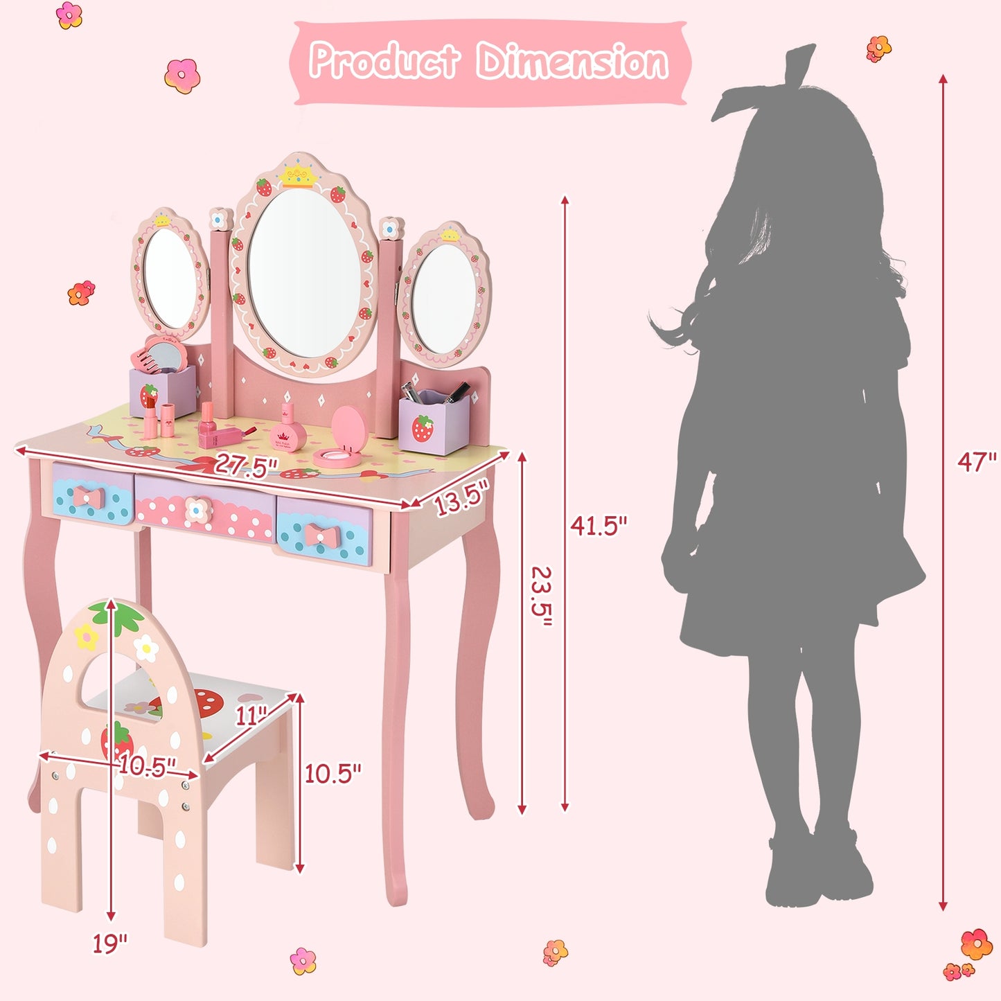 Kids Vanity Table Set with Tri-Fold Mirror and Chair