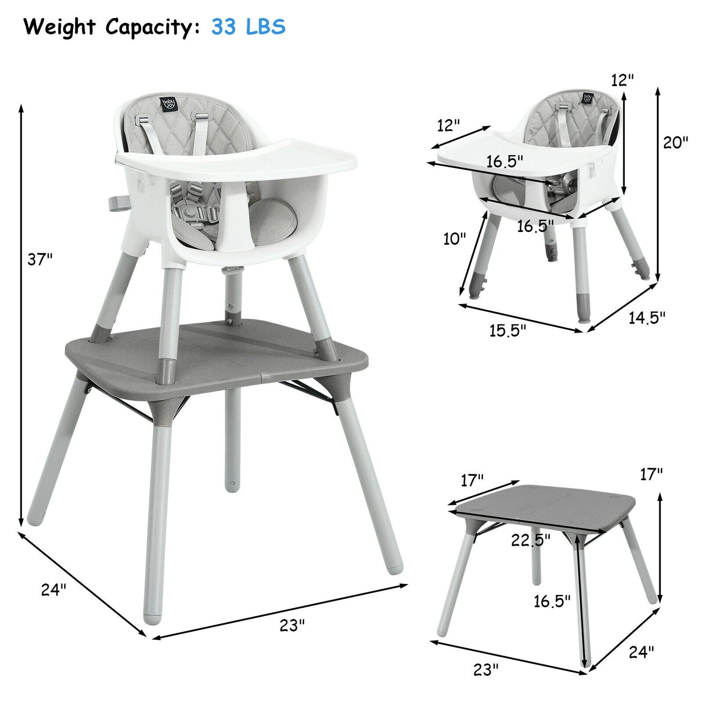 4-in-1 Convertible Baby High Chair with PU Cushion