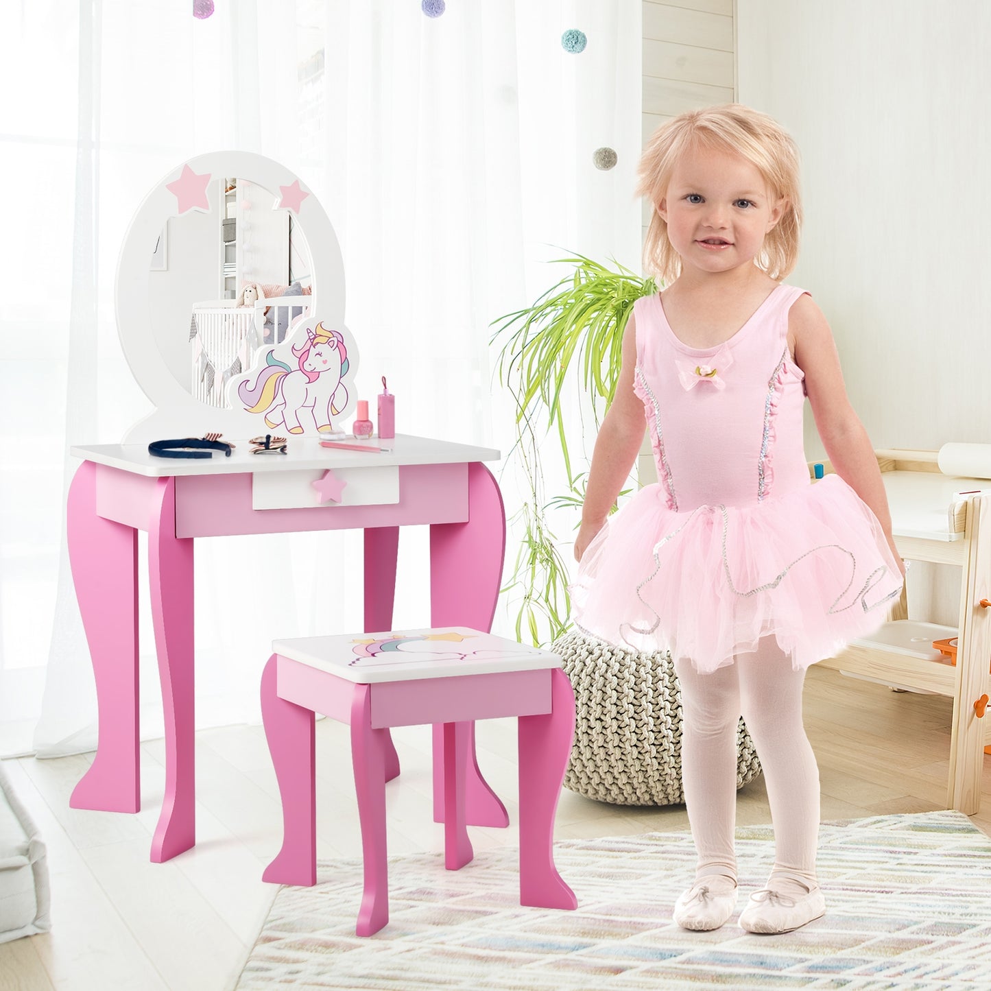 Kids Wooden Vanity Table and Chair Set with Mirror and Drawer