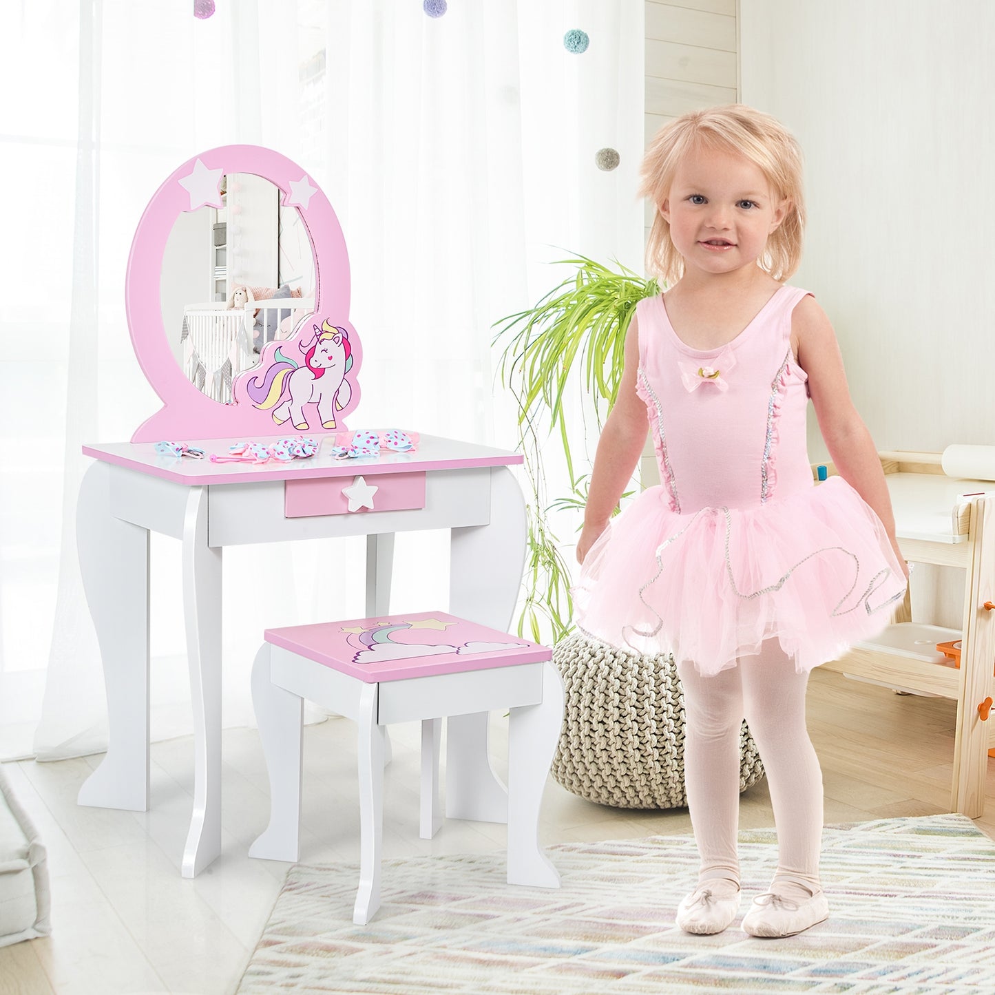 Kids Wooden Vanity Table and Chair Set with Mirror and Drawer
