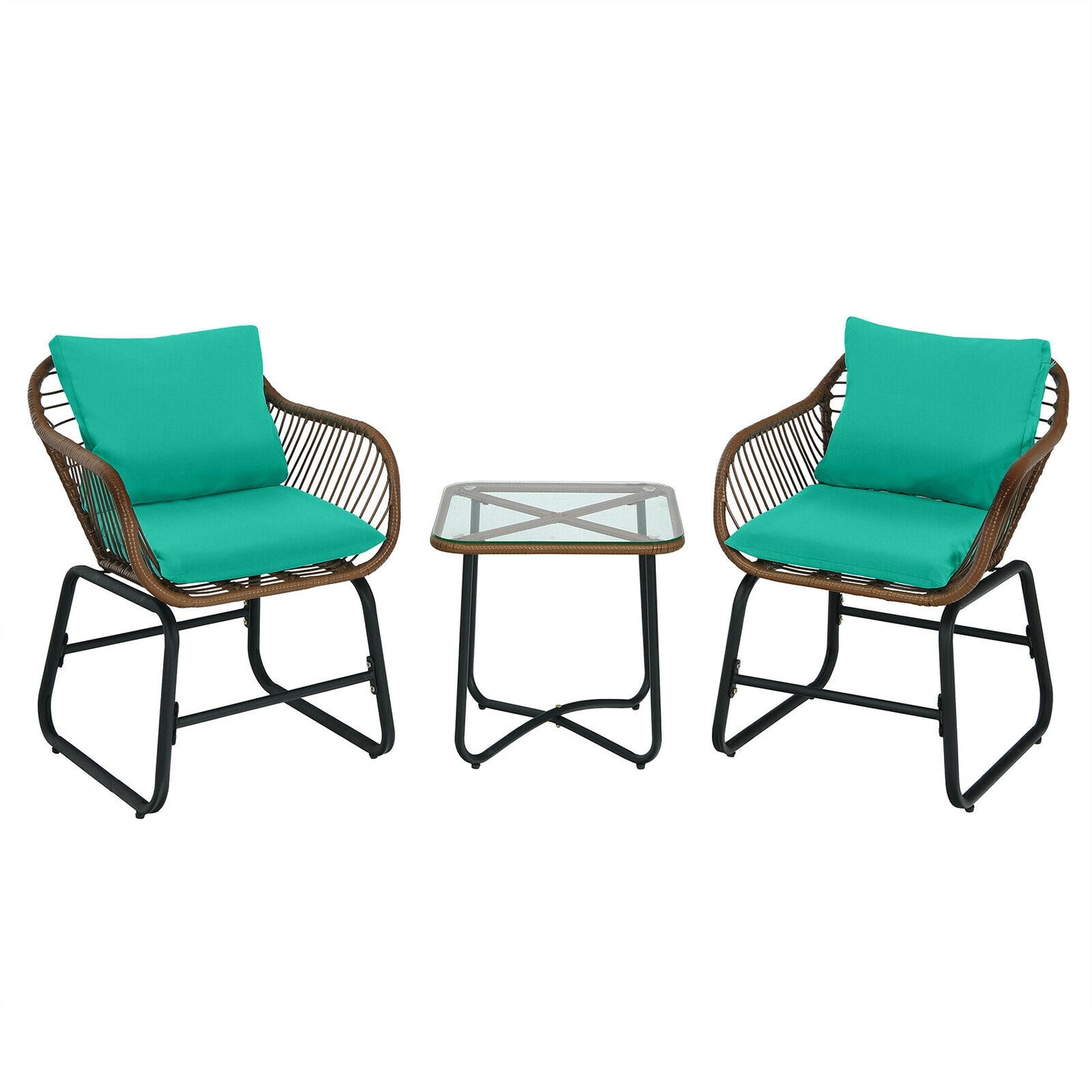 3-Piece Rattan Bistro Set with Cushioned Chairs & Glass Table