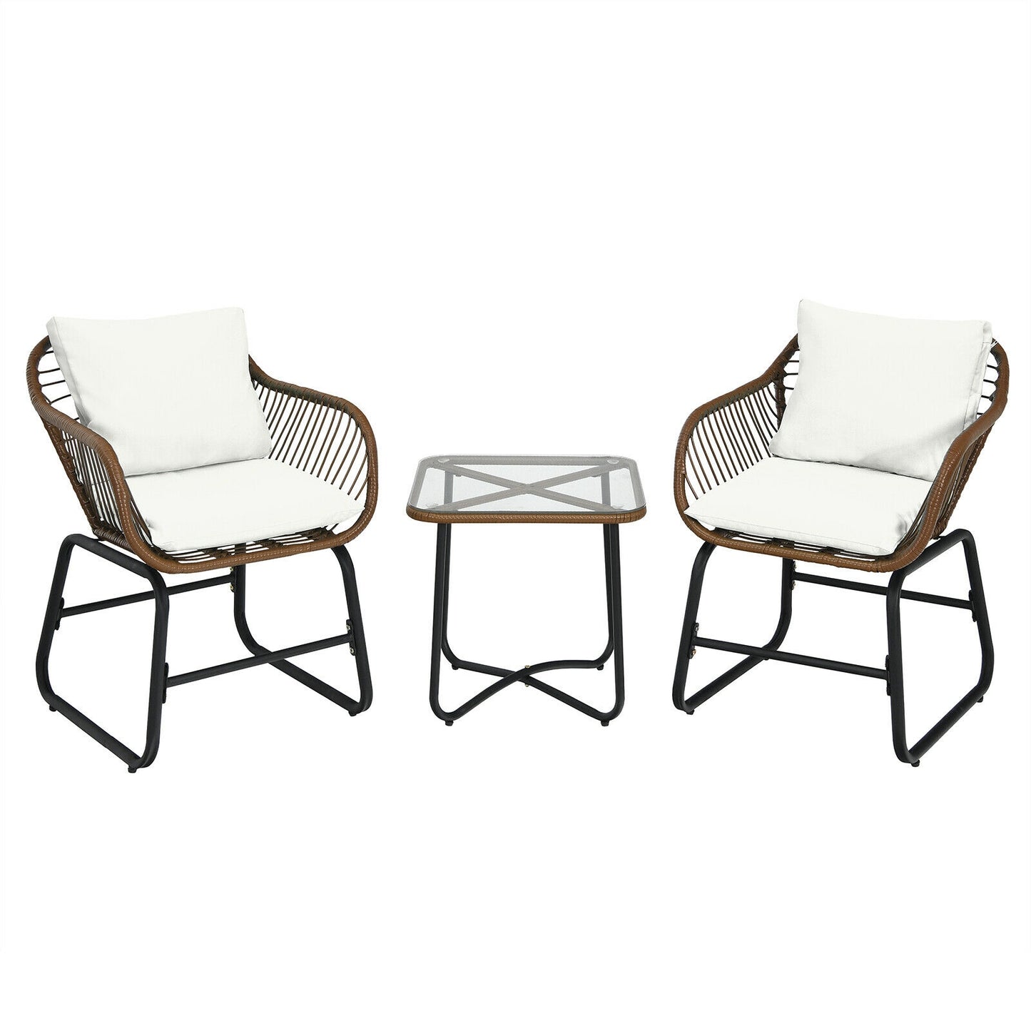 3-Piece Rattan Bistro Set with Cushioned Chairs & Glass Table