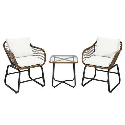 3-Piece Rattan Bistro Set with Cushioned Chairs & Glass Table