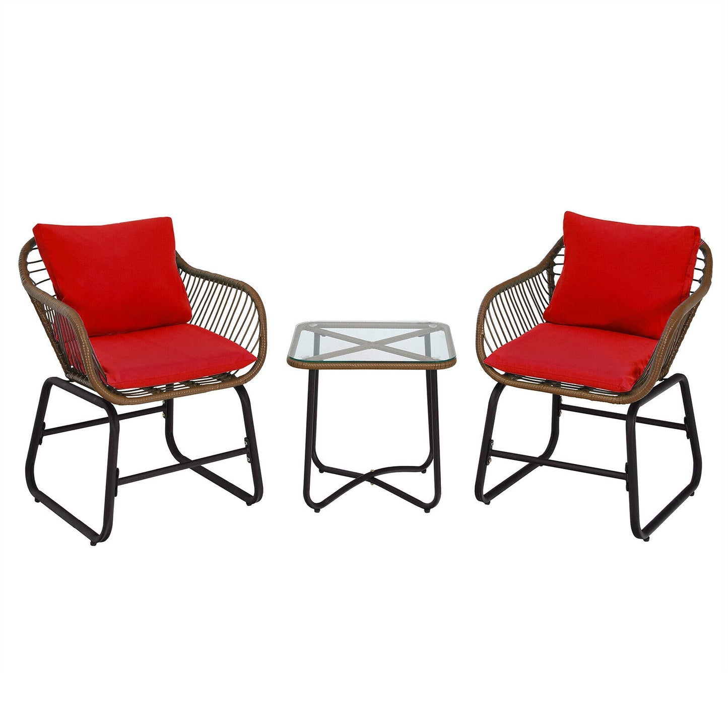 3-Piece Rattan Bistro Set with Cushioned Chairs & Glass Table