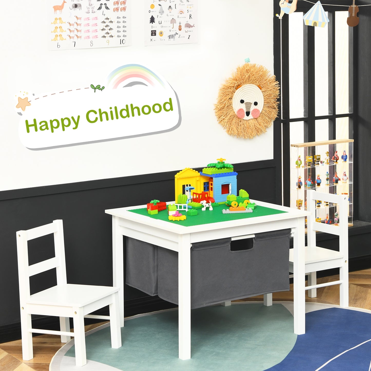 Kids Activity Table and 2 Chairs Set with Storage Drawers