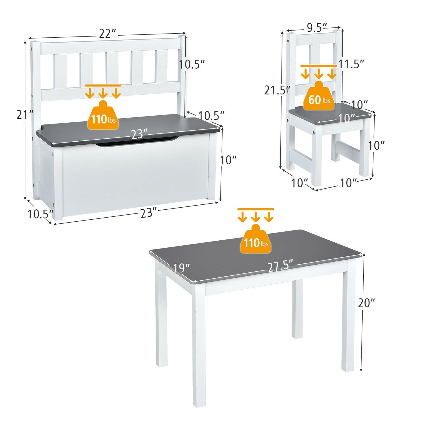Kids Wooden Activity Table and Chairs Set with Storage Bench
