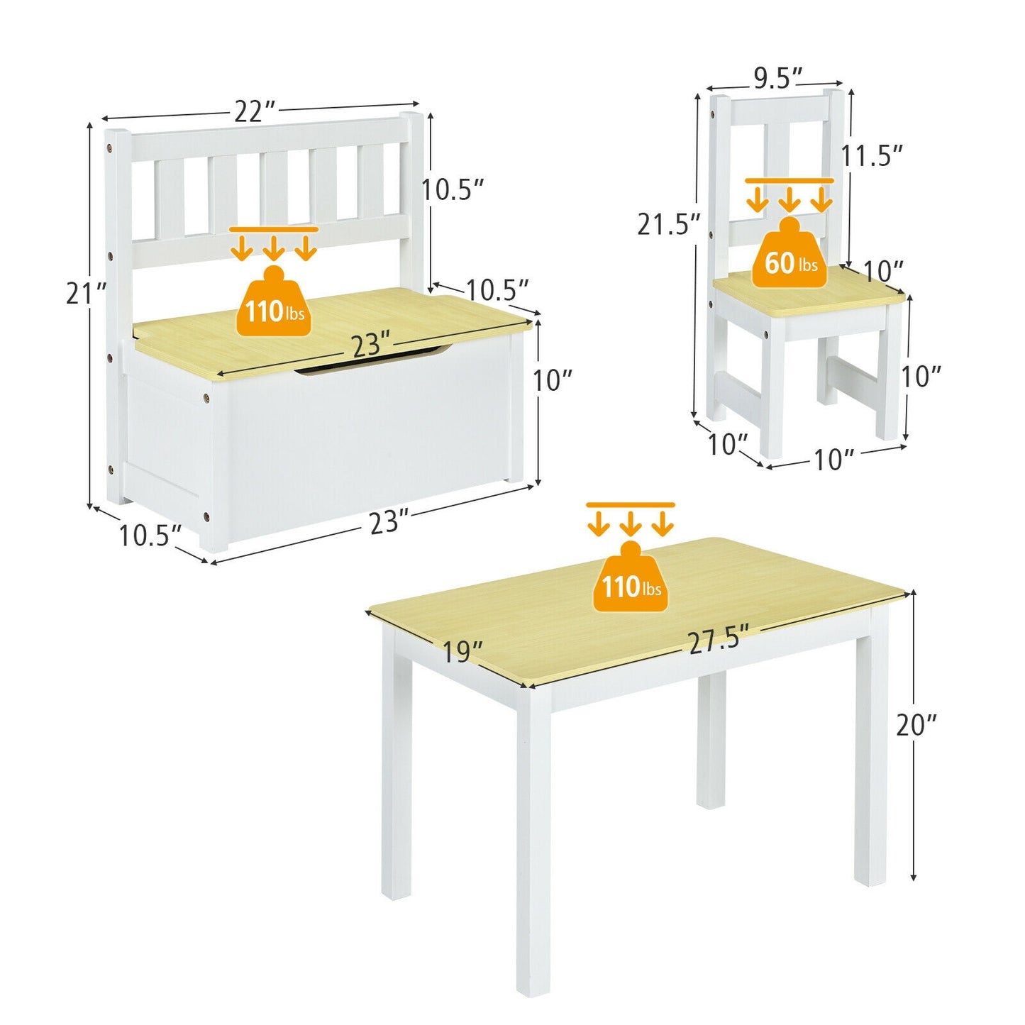 Kids Wooden Activity Table and Chairs Set with Storage Bench