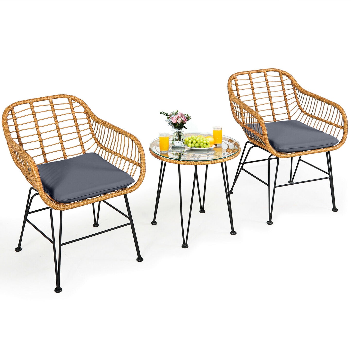 3-Piece Rattan Patio Conversation Set with Cushioned Chairs