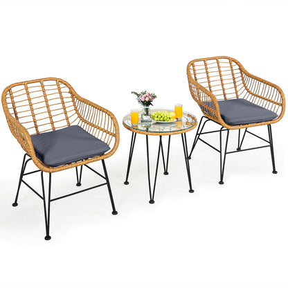 3-Piece Rattan Patio Conversation Set with Cushioned Chairs