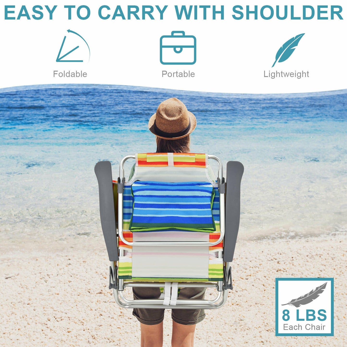 Folding Beach Chair 4-Pack with Adjustable Backrest & Pillow