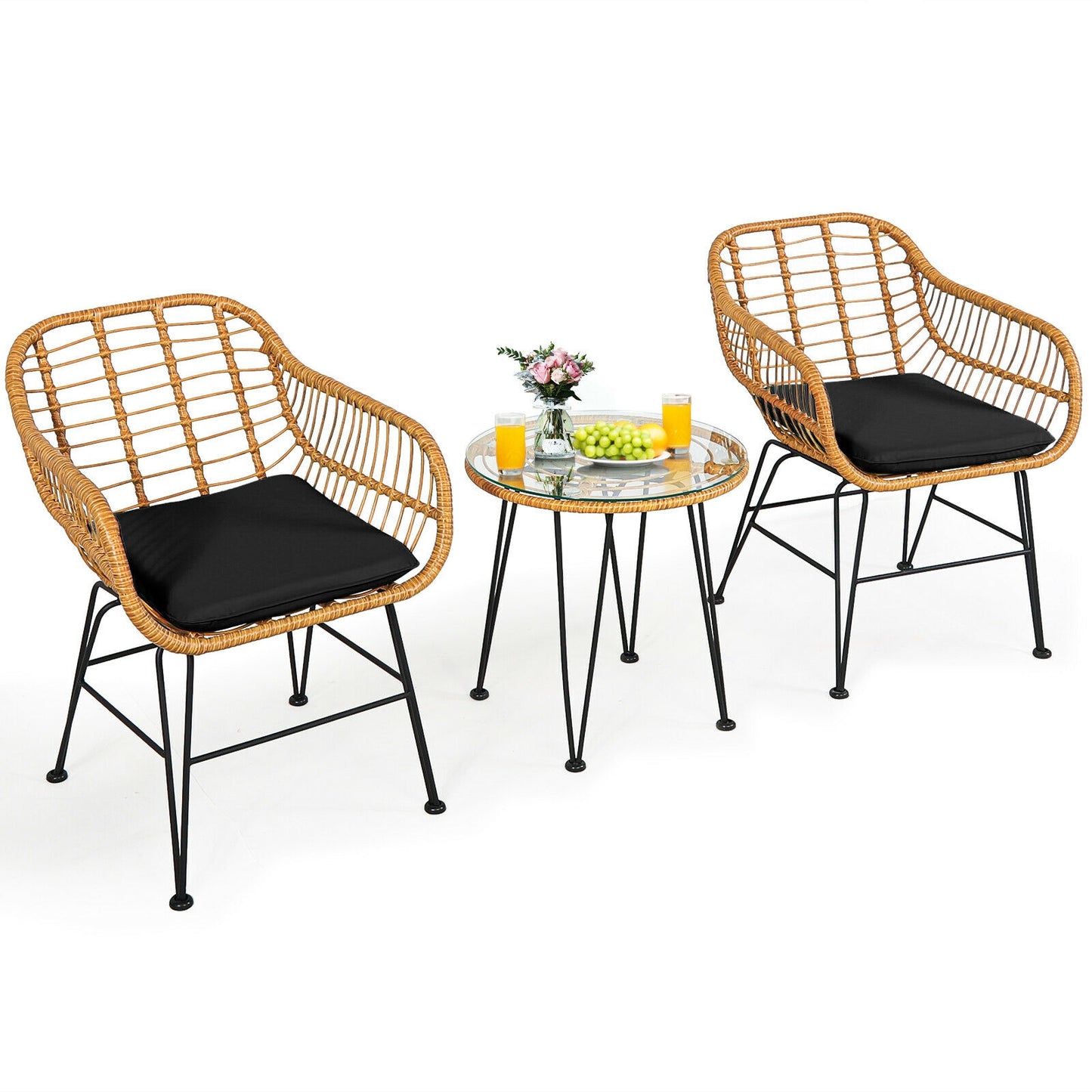 3-Piece Rattan Patio Conversation Set with Cushioned Chairs