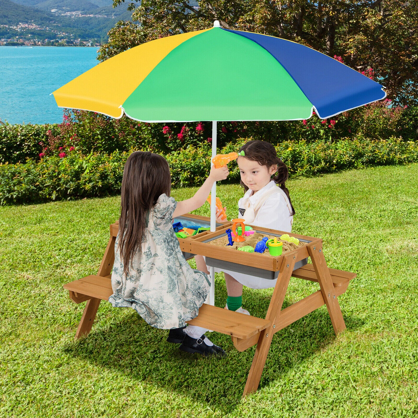 Kids Outdoor Picnic Table with Umbrella and Sand Water Play