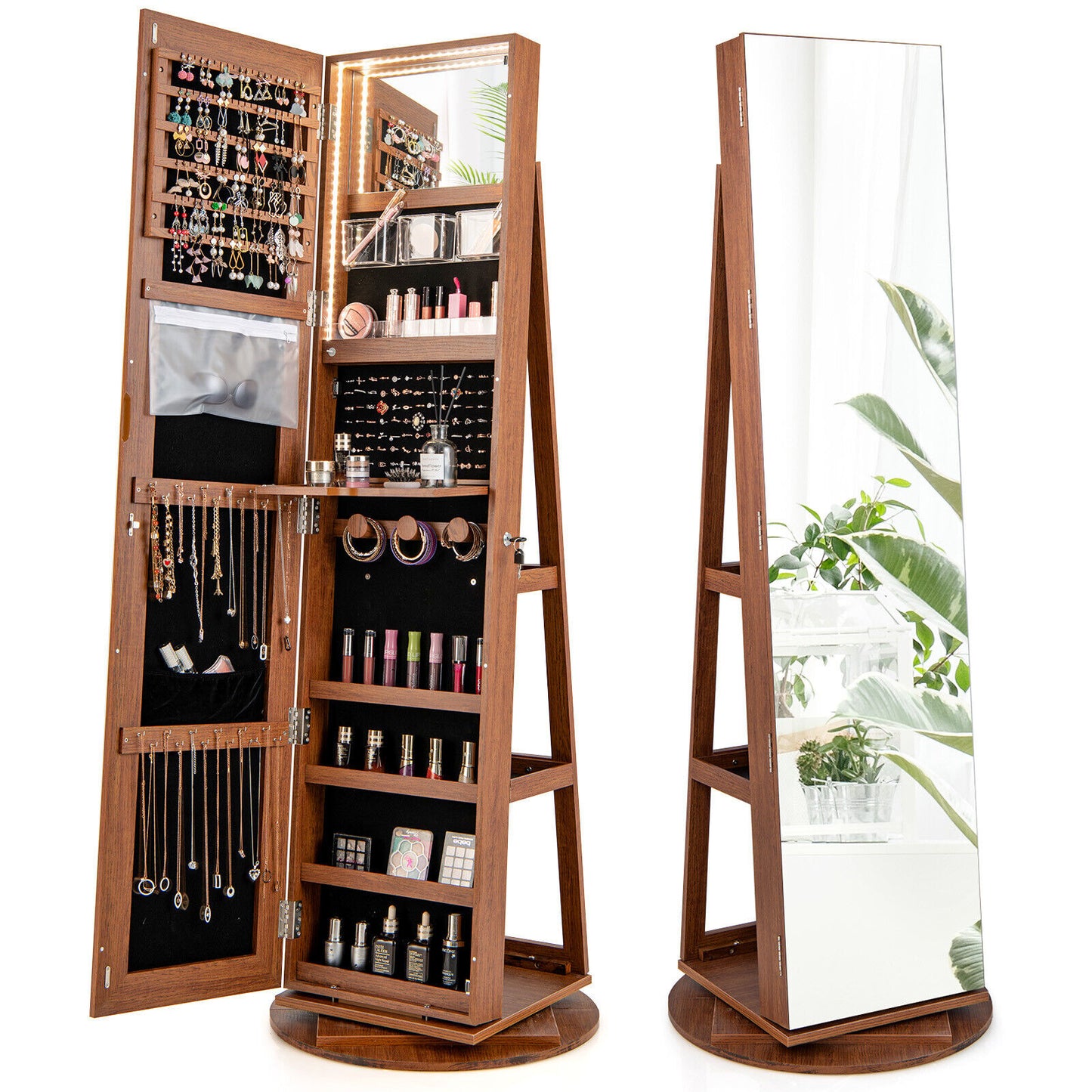 Rotating Mirrored Jewelry Armoire with LED Lighting