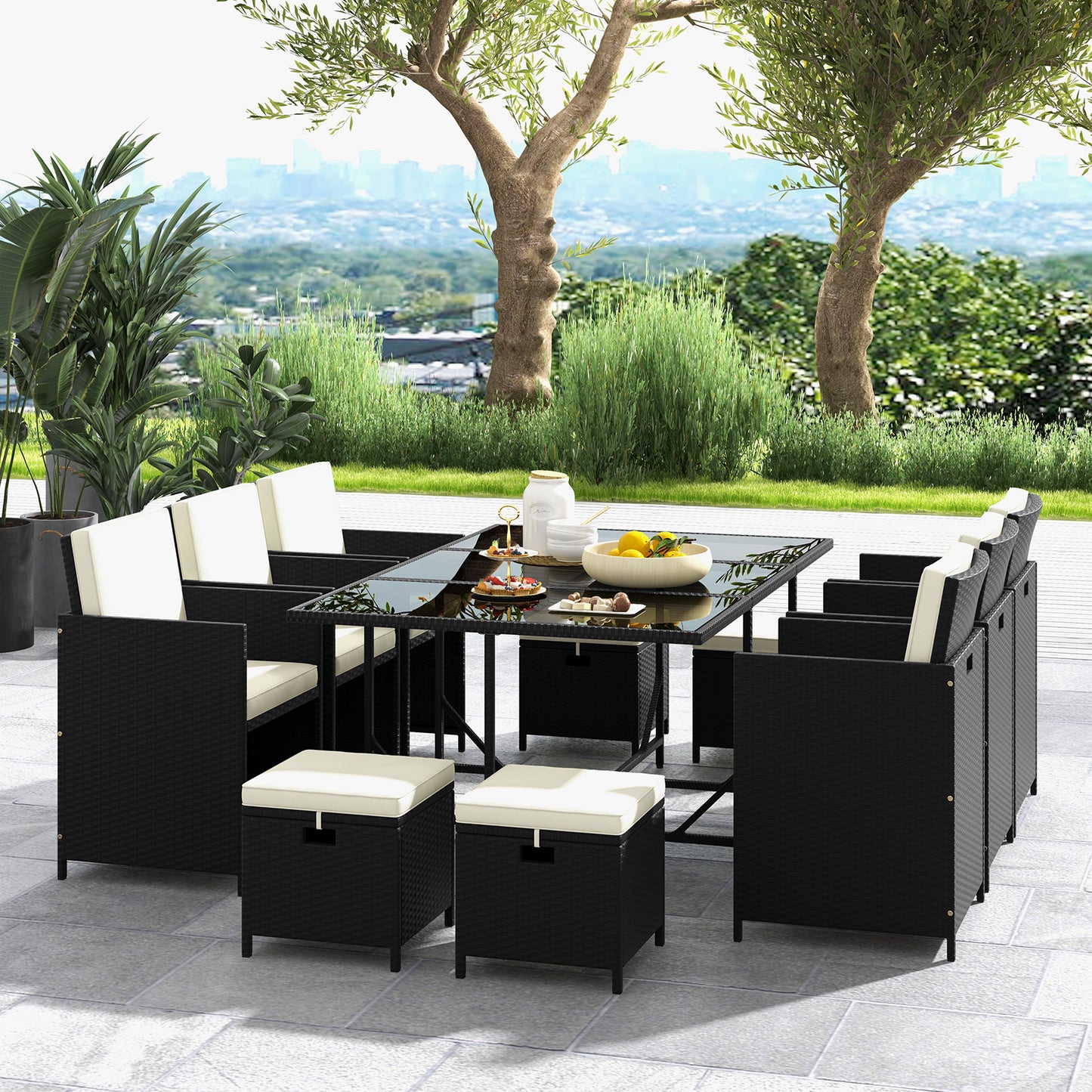 11-Piece Patio Dining Set with Wicker Chairs & Glass Table