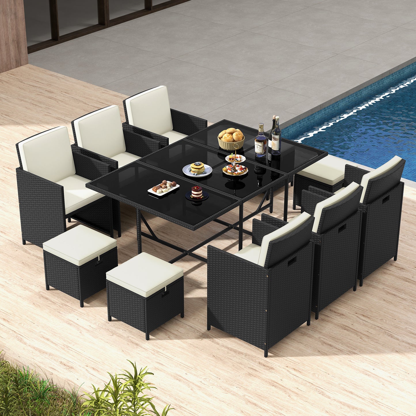 11-Piece Patio Dining Set with Wicker Chairs & Glass Table