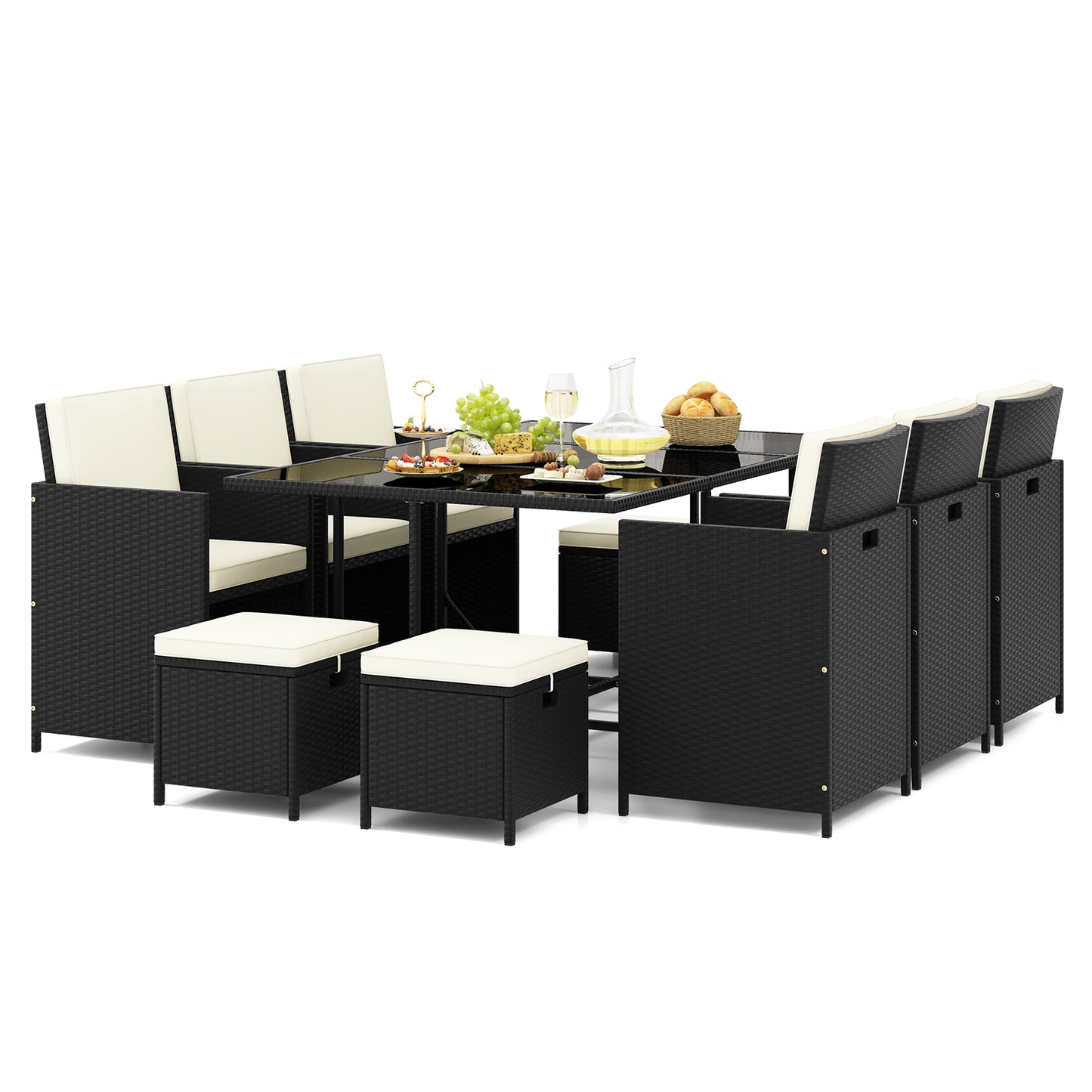 11-Piece Patio Dining Set with Wicker Chairs & Glass Table