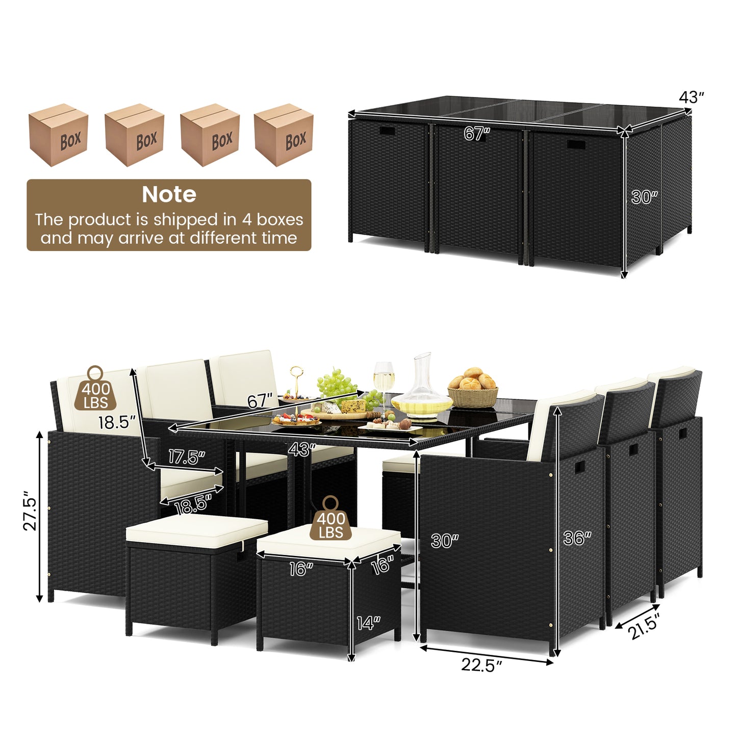 11-Piece Patio Dining Set with Wicker Chairs & Glass Table