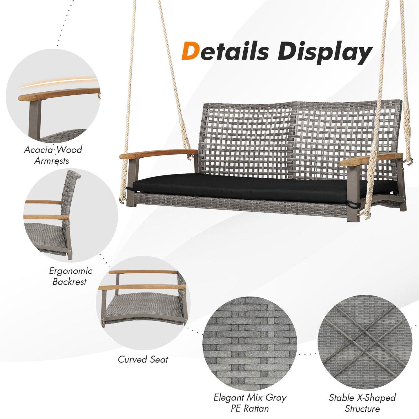 2-Person Wicker Porch Swing Chair with Cushion