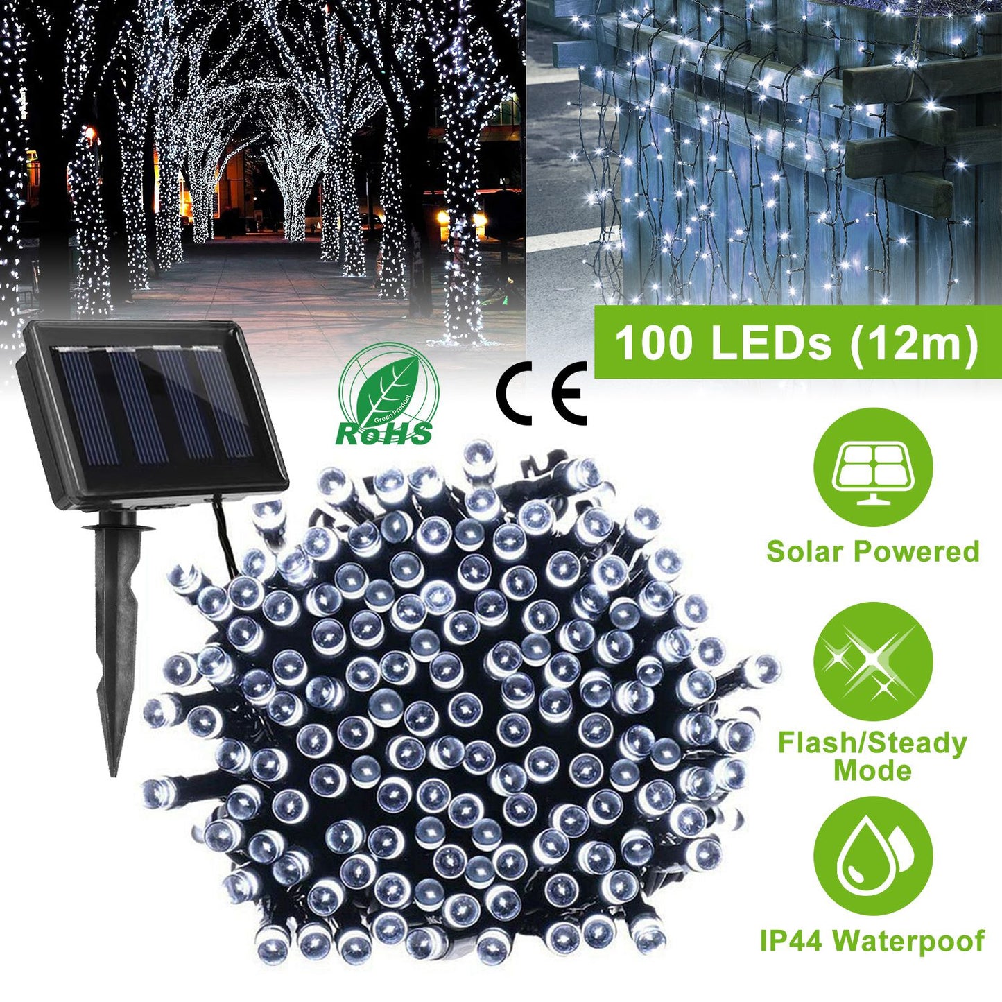 Solar String Lights 100 LED 40ft Outdoor Waterproof Cool White