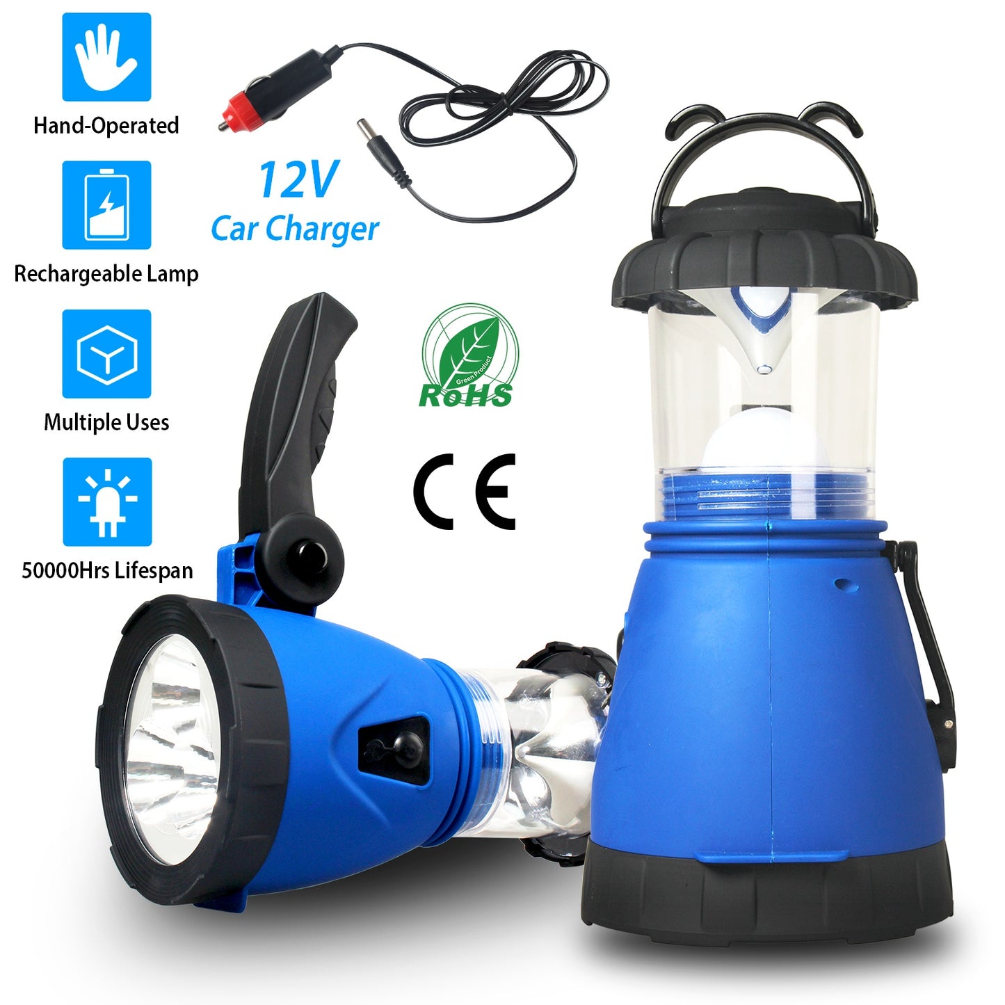 Hand Crank Camping Lantern with Spotlight & Car Charger