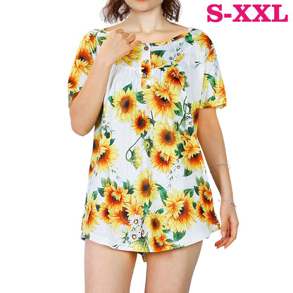 Women Summer Shirts Tops Loose Short Sleeve T Shirts Casual Floral Printed Button Shirts Blouse S-XXL