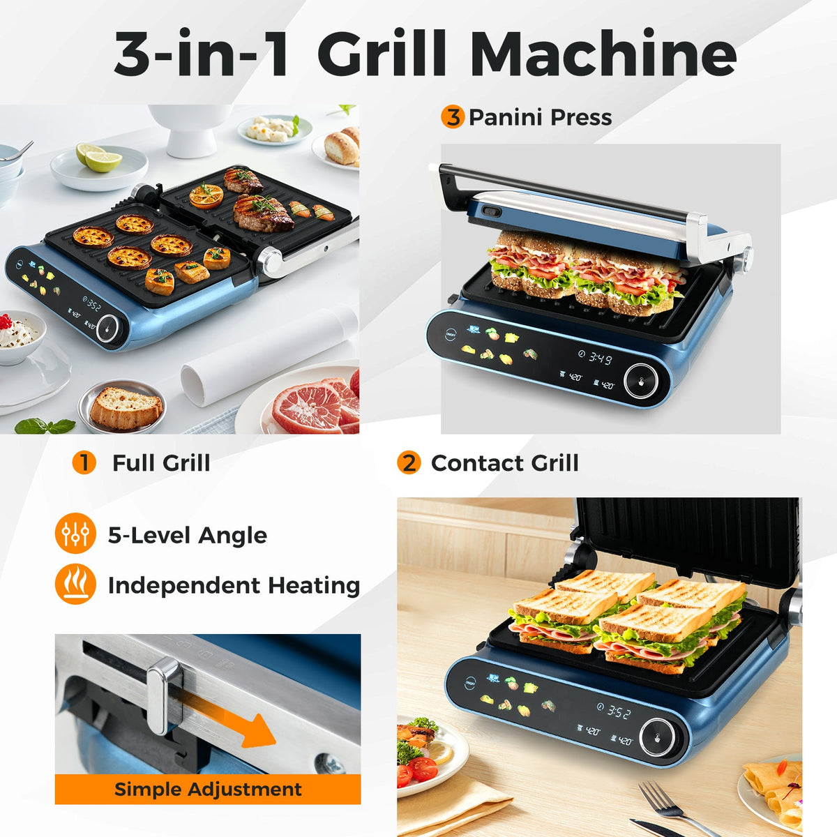 1200W Panini Press Grill with LED Display and 7 Grilling Modes-Blue