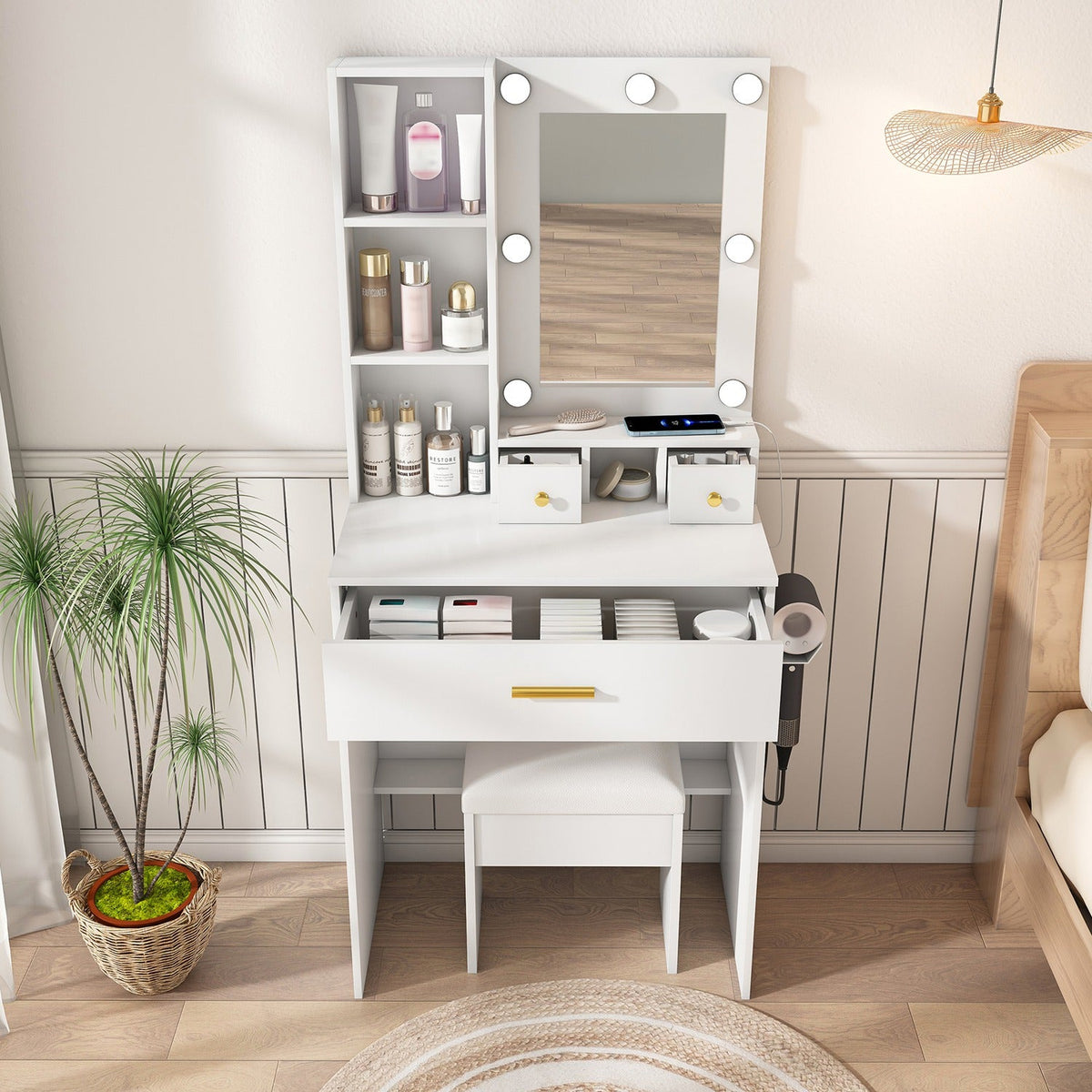 Vanity Desk Set with LED Lighted Mirror & Padded Stool