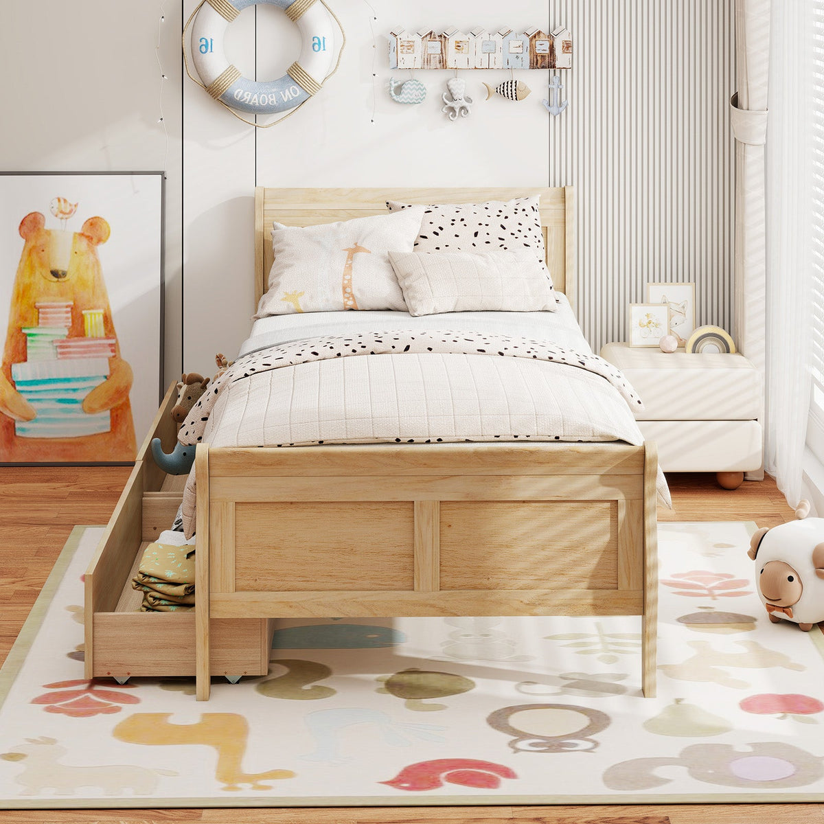 Twin Size Sleigh Bed with 2 Storage Drawers Wood Platform Bed Frame