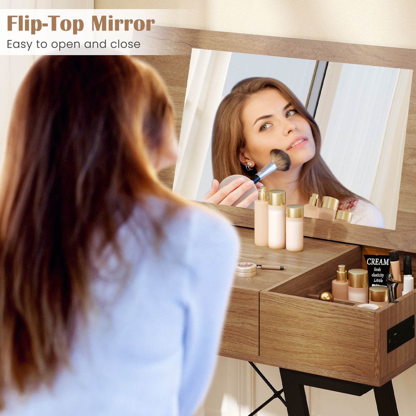 Vanity Desk with Flip Top Mirror and Power Outlets