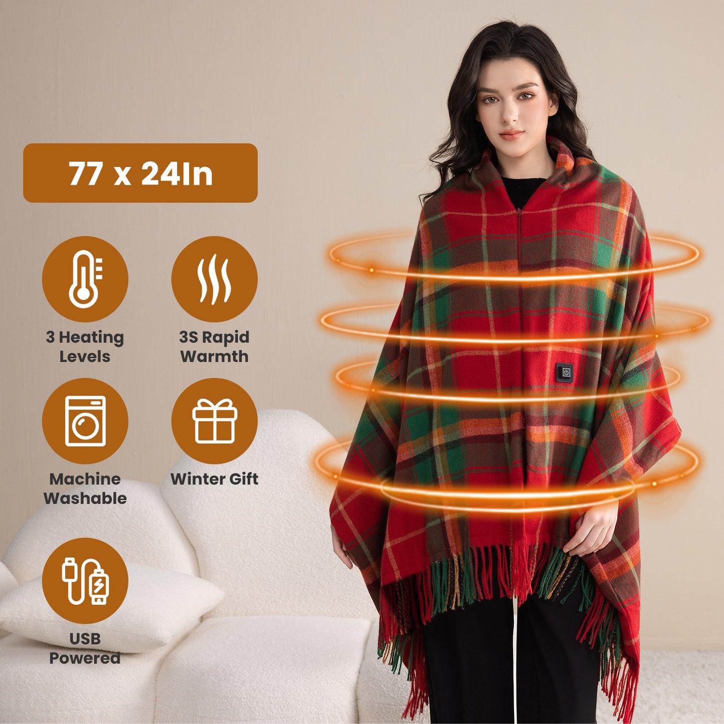 USB Heated Shawl with 3 Heat Levels and Zipper