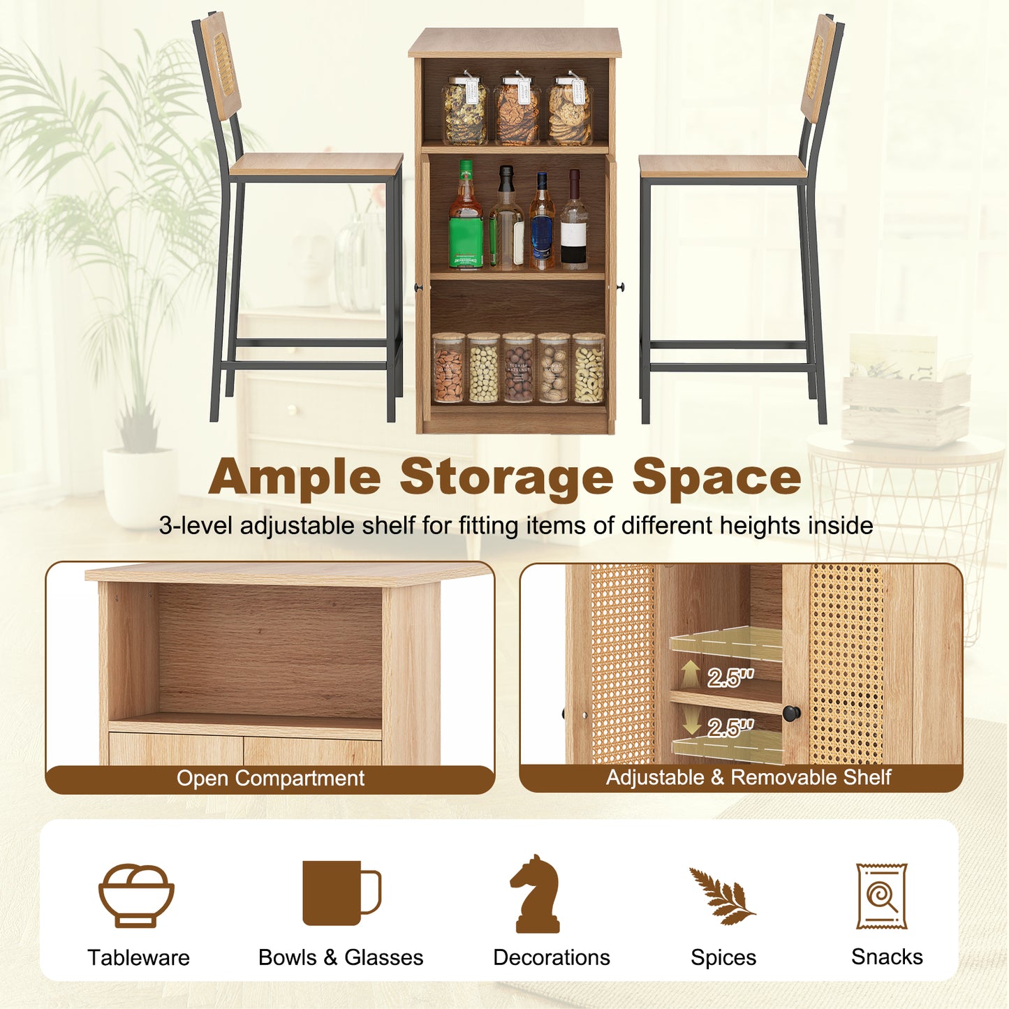 3-Piece Bar Table and Chairs Set with Storage Shelves