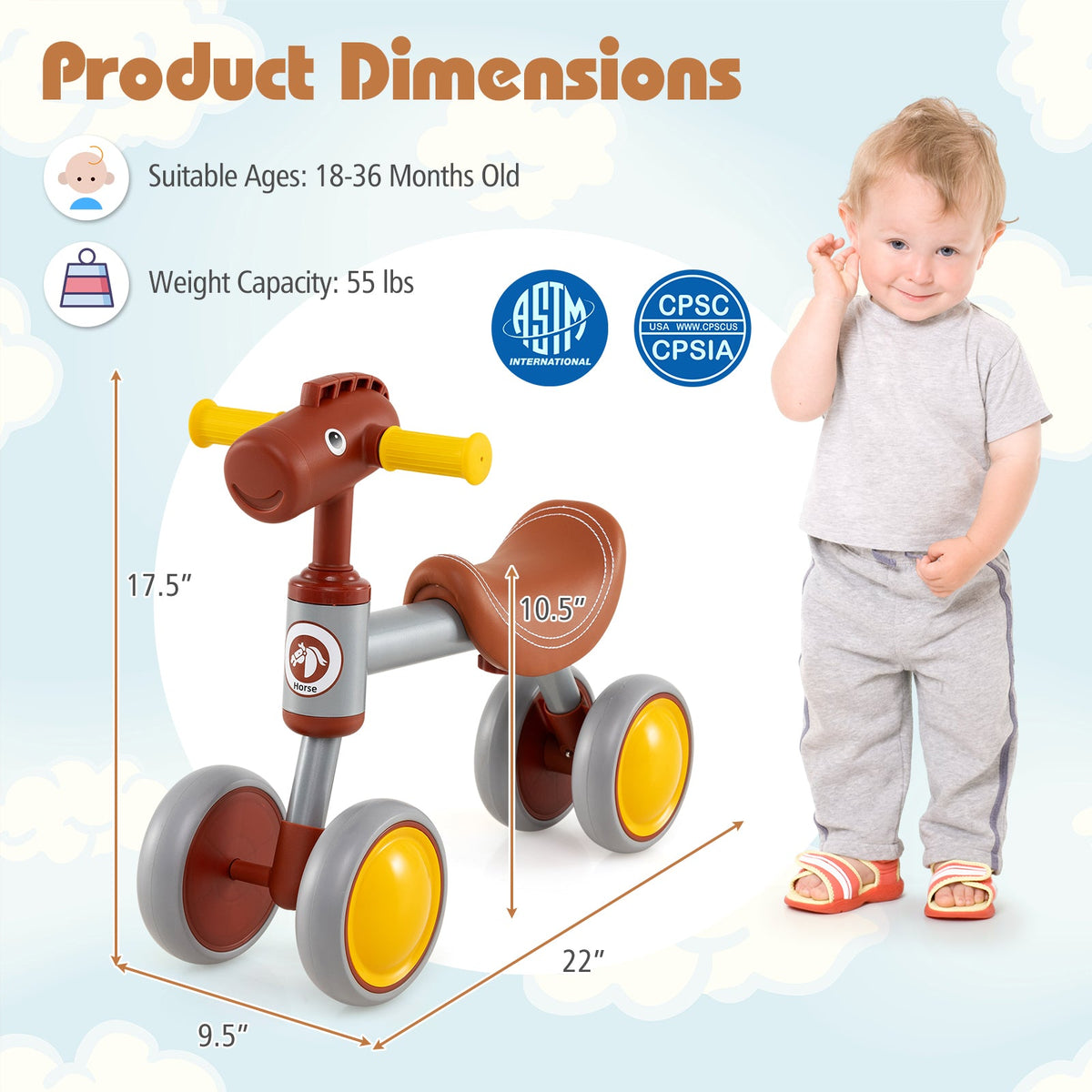 Baby Balance Bike No Pedal 4-Wheel Bicycle-Brown