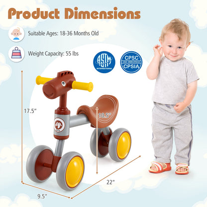 Baby Balance Bike No Pedal 4-Wheel Bicycle-Brown
