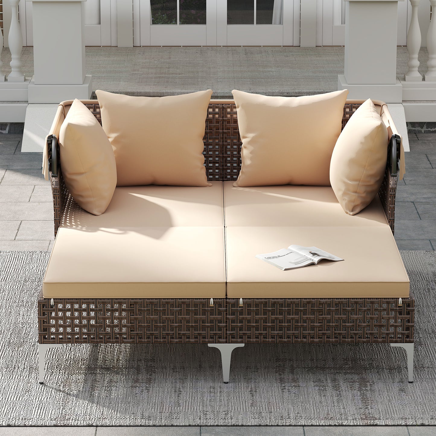 Outdoor Daybed with Retractable Canopy - PE Wicker Rattan