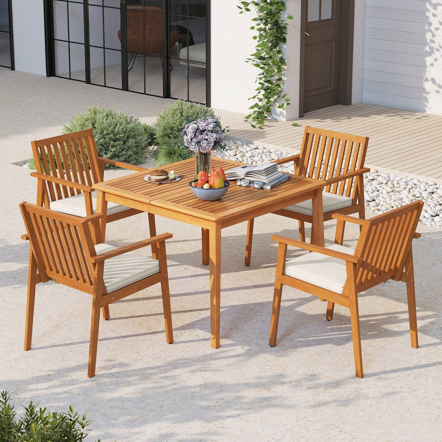 Acacia Wood Patio Dining Chairs with Removable Cushions (Set of 2)